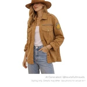 Boho Safari Utility Jacket Embroidered Tan Cotton Shacket Scandi M